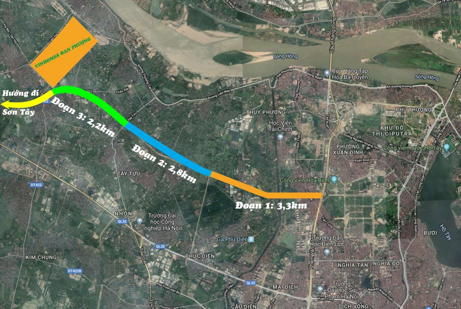 Hình ảnh hiển thị các phân đoạn của tuyến đường Tây Thăng Long (hình tham khảo)
